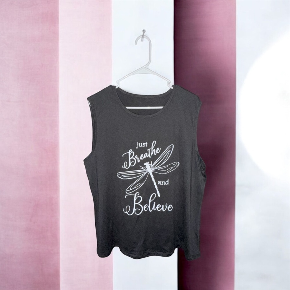 Women's Black Muscle Wide Strap Tank Top Just Breathe and Believe Dragonfly 4X - Picture 5 of 5